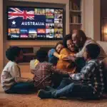 A warm and cozy living room where a diverse family, including children and adults, is gathered on the floor and couch, sharing a joyful moment while watching television. The TV screen displays various Australian IPTV channels, with the Australian flag prominently featured. The scene captures a heartwarming and relaxed atmosphere as they enjoy streaming entertainment together, highlighting the experience of Australia IPTV services. With high-quality streaming, a wide selection of Australia IPTV channels, and seamless multi-device compatibility, this setup ensures an immersive viewing experience for all."