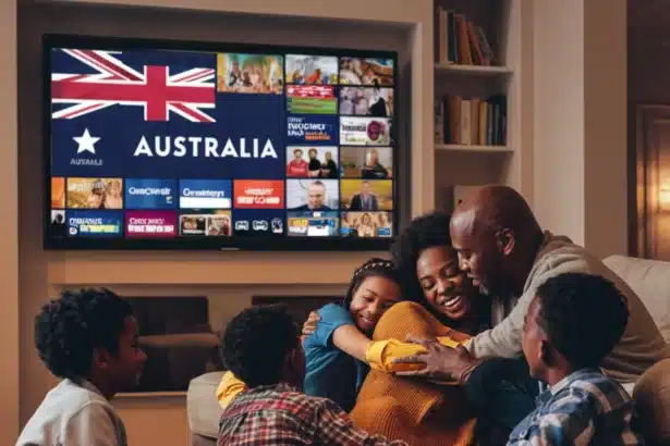A warm and cozy living room where a diverse family, including children and adults, is gathered on the floor and couch, sharing a joyful moment while watching television. The TV screen displays various Australian IPTV channels, with the Australian flag prominently featured. The scene captures a heartwarming and relaxed atmosphere as they enjoy streaming entertainment together, highlighting the experience of Australia IPTV services. With high-quality streaming, a wide selection of Australia IPTV channels, and seamless multi-device compatibility, this setup ensures an immersive viewing experience for all."