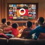 A warm and cozy living room where a diverse family, including children and adults, is gathered on a couch watching a large-screen television. The TV screen displays various Germany IPTV channels, with a German flag-inspired overlay in the center. The scene captures a joyful and relaxed atmosphere as they enjoy streaming entertainment together, experiencing high-quality IPTV streaming Germany with a vast selection of IPTV channels Germany. This immersive experience showcases the best in IPTV service Germany, ensuring seamless entertainment for all viewers.
