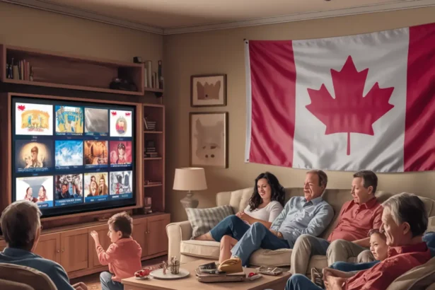 A multigenerational Canadian family gathered in a cozy living room, watching IPTV on a large television. The TV screen displays various streaming content, including live TV and on-demand shows. A Canadian flag hangs on the wall, emphasizing the setting. The family members, seated on sofas and chairs, appear engaged and relaxed, enjoying their viewing experience together. IPTV Canada | Best IPTV Service Providers in Canada (Edition 2025)."