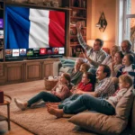 A warm and cozy living room where a diverse family, including children and adults, is gathered on a couch and floor, watching a large-screen television. The TV screen displays various francais IPTV channels, with the francais flag prominently shown. The scene captures a joyful and relaxed atmosphere as they enjoy streaming entertainment together, highlighting the experience of IPTV France services. With high-quality streaming, a wide selection of IPTV France channels, and seamless multi-device compatibility, this setup ensures an immersive viewing experience for all.
