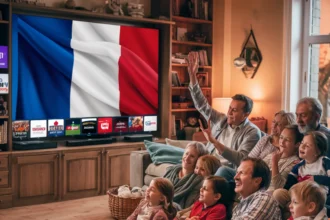 A warm and cozy living room where a diverse family, including children and adults, is gathered on a couch and floor, watching a large-screen television. The TV screen displays various francais IPTV channels, with the francais flag prominently shown. The scene captures a joyful and relaxed atmosphere as they enjoy streaming entertainment together, highlighting the experience of IPTV France services. With high-quality streaming, a wide selection of IPTV France channels, and seamless multi-device compatibility, this setup ensures an immersive viewing experience for all.