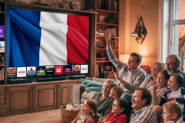 A warm and cozy living room where a diverse family, including children and adults, is gathered on a couch and floor, watching a large-screen television. The TV screen displays various francais IPTV channels, with the francais flag prominently shown. The scene captures a joyful and relaxed atmosphere as they enjoy streaming entertainment together, highlighting the experience of IPTV France services. With high-quality streaming, a wide selection of IPTV France channels, and seamless multi-device compatibility, this setup ensures an immersive viewing experience for all.