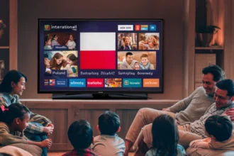 A warm and cozy living room where a diverse family, including children and adults, is gathered on a couch and floor, watching a large-screen television. The TV screen displays various Polish IPTV channels, with the Polish flag prominently shown. The scene captures a joyful and relaxed atmosphere as they enjoy streaming entertainment together, highlighting the experience of IPTV Polska services. With high-quality streaming, a wide selection of IPTV Polska channels, and seamless multi-device compatibility, this setup ensures an immersive viewing experience for all. Best IPTV Polska Service Providers (2025)