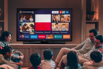 A warm and cozy living room where a diverse family, including children and adults, is gathered on a couch and floor, watching a large-screen television. The TV screen displays various Polish IPTV channels, with the Polish flag prominently shown. The scene captures a joyful and relaxed atmosphere as they enjoy streaming entertainment together, highlighting the experience of IPTV Polska services. With high-quality streaming, a wide selection of IPTV Polska channels, and seamless multi-device compatibility, this setup ensures an immersive viewing experience for all. Best IPTV Polska Service Providers (2025)