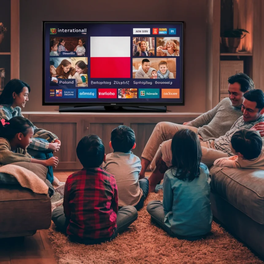 A warm and cozy living room where a diverse family, including children and adults, is gathered on a couch and floor, watching a large-screen television. The TV screen displays various Polish IPTV channels, with the Polish flag prominently shown. The scene captures a joyful and relaxed atmosphere as they enjoy streaming entertainment together, highlighting the experience of IPTV Polska services. With high-quality streaming, a wide selection of IPTV Polska channels, and seamless multi-device compatibility, this setup ensures an immersive viewing experience for all. Best IPTV Polska Service Providers (2025)