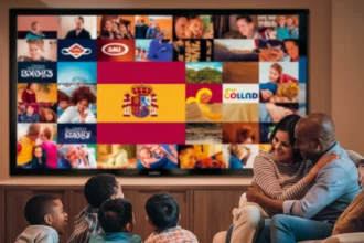 A warm and cozy living room where a diverse family, including children and adults, is gathered on a couch and floor, watching a large-screen television. The TV screen displays various Spanish IPTV channels, with the Spanish flag prominently shown. The scene captures a joyful and relaxed atmosphere as they enjoy streaming entertainment together, highlighting the experience of IPTV Spain services. With high-quality streaming, a wide selection of IPTV Spain channels, and seamless multi-device compatibility, this setup ensures an immersive viewing experience for all.