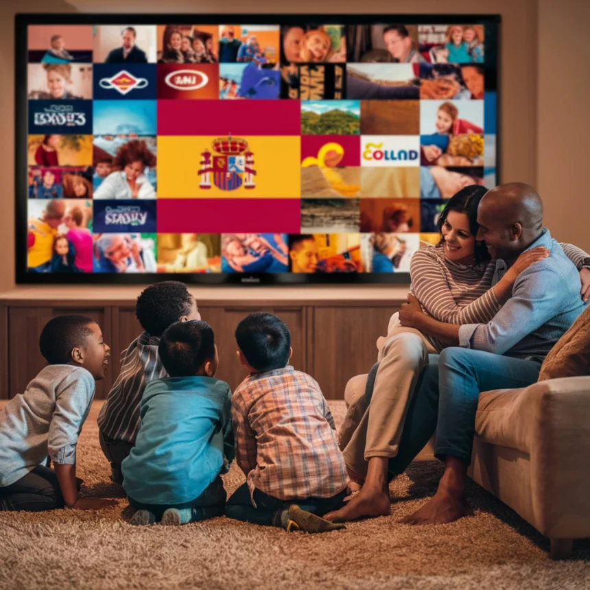A warm and cozy living room where a diverse family, including children and adults, is gathered on a couch and floor, watching a large-screen television. The TV screen displays various Spanish IPTV channels, with the Spanish flag prominently shown. The scene captures a joyful and relaxed atmosphere as they enjoy streaming entertainment together, highlighting the experience of IPTV Spain services. With high-quality streaming, a wide selection of IPTV Spain channels, and seamless multi-device compatibility, this setup ensures an immersive viewing experience for all.
