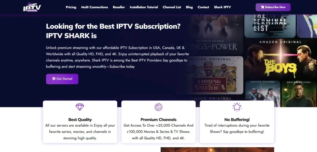 This promotional banner for IPTV Shark is designed to attract potential subscribers by emphasizing high-quality streaming, a vast content library, and a buffer-free experience. The use of purple accents, bold headings, and a call-to-action button makes the layout user-friendly and visually appealing.