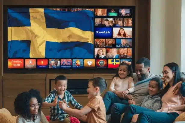 A warm and cozy living room where a diverse family, including children and adults, is gathered on a couch and floor, watching a large-screen television. The TV screen displays various Swedish IPTV channels, with a large Swedish flag prominently shown. The scene captures a joyful and relaxed atmosphere as they enjoy streaming entertainment together, highlighting the experience of Svensk IPTV services. With high-quality streaming, an extensive selection of Svensk IPTV channels, and seamless multi-device compatibility, this setup ensures an immersive viewing experience for all. Whether looking for the best IPTV Sverige providers or exploring premium Swedish IPTV options, viewers can enjoy a top-tier entertainment experience with IPTV Sverige.