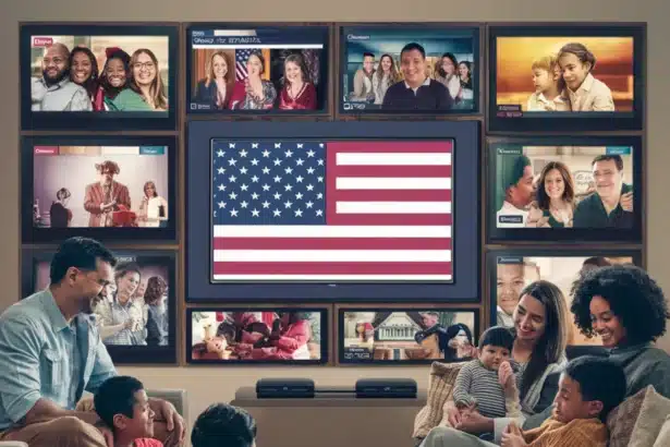 A family gathers in a cozy living room, watching multiple television screens displaying various American TV programs, news, and entertainment content. The central screen prominently features the American flag, symbolizing IPTV USA services. The scene highlights a diverse and joyful family enjoying high-quality streaming, emphasizing the flexibility and variety offered by IPTV services in the USA.