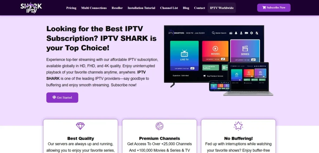 The IPTV Shark landing page is designed to attract potential customers with its clean design, bold typography, and engaging visuals. It highlights high-definition streaming, extensive content availability, and a buffer-free experience, making it an appealing IPTV provider for users worldwide.