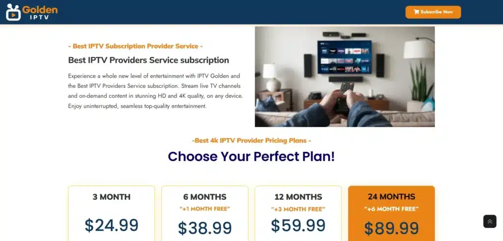 The Golden IPTV landing page is designed to attract users looking for affordable and high-quality IPTV services. The clean layout, well-organized pricing section, and engaging visuals make the site easy to navigate. The subscription plans with free bonus months add extra value, encouraging users to subscribe for longer durations.