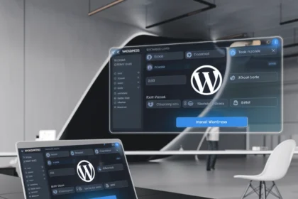 The image features a futuristic workspace with a laptop and smartphone on a sleek black desk. The laptop screen displays a WordPress installation interface with various settings, and the smartphone shows a similar interface. Above the desk, there's a holographic screen showing the same WordPress installation window with interactive elements like buttons to install WordPress and fill out the required fields. The workspace is set in a modern, minimalist office with a light-colored chair and futuristic design elements in the background, suggesting a tech-savvy and high-tech environment,8 Best IPTV Player for Windows PC (2025)