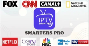 A user interface image showing IPTV management on a Smart TV system, with icons for high-definition settings and network controls.
