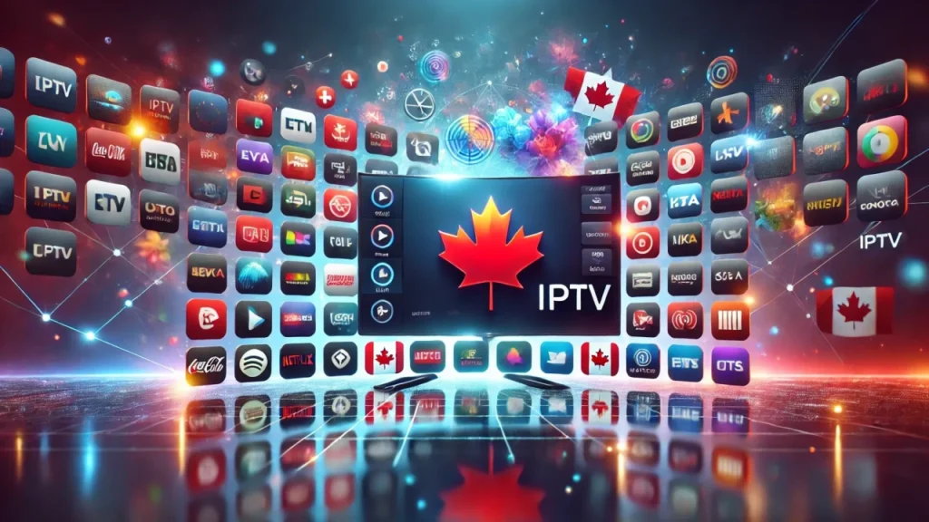 The image features an artistic depiction of a screen with the word "IPTV" prominently displayed, surrounded by numerous IPTV app icons. The background showcases a stylized digital network with colorful swirls and the Canadian flag placed at the top and bottom corners of the image. This represents the idea of accessing IPTV services in Canada through various platforms and apps. The central image emphasizes Canadian IPTV with the flag and multiple app icons surrounding it.