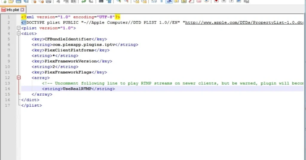 The image shows an XML code snippet from a .plist file named Info.plist for a Plex IPTV plugin configuration. Here's a detailed breakdown of the content: Code Description: XML Declaration: The file begins with an XML declaration stating the version (1.0) and encoding (UTF-8). Plex Configuration for IPTV Plugin: CFBundleIdentifier: This is the identifier for the IPTV plugin in Plex, set to com.plexapp.plugins.iptv. PlexClientPlatforms: The value "*" indicates that this configuration applies to all platforms. PlexFrameworkVersion: The version of the Plex framework is 2. PlexFrameworkFlags: This section includes an array with a commented line for enabling RTMP stream support, by using the UseRealRTMP string. The comment notes that uncommenting this line enables RTMP streams on newer clients. However, users are warned that the plugin could become deprecated as a result. In summary, this configuration file relates to enabling certain functionalities (specifically RTMP support) for IPTV streams in Plex, with a warning about potential future issues on newer clients.