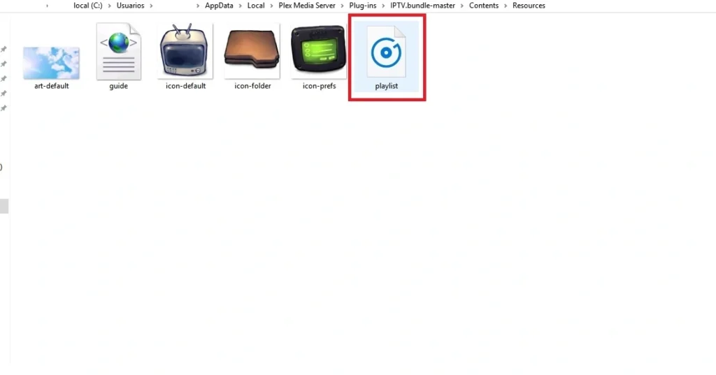 The image shows the file directory of a Plex Media Server. Specifically, it shows the path to a playlist file, which is used in a Plex IPTV plugin configuration. Here's the breakdown: