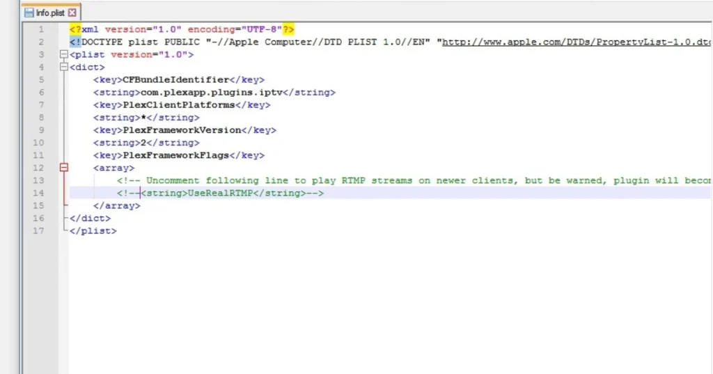 The image shows an XML code snippet from a file named Info.plist, which appears to be related to the Plex app's configuration. Here's a breakdown of the content: Code Description: XML Declaration: The file begins with an XML declaration, specifying the version (1.0) and encoding (UTF-8). Plex Configuration Details: CFBundleIdentifier: com.plexapp.plugins.iptv PlexClientPlatforms: This key is set to "*" (indicating it applies to all platforms). PlexFrameworkVersion: The version is set to 2. PlexFrameworkFlags: The array contains a commented line for enabling RTMP stream support. If uncommented, the UseRealRTMP string would allow the plugin to support Real-Time Messaging Protocol (RTMP) streams, though a warning is noted regarding potential plugin issues with newer clients. Commented Out Section: The UseRealRTMP setting is commented out, indicating it is not active by default. Users can uncomment this line to enable it for RTMP streams.